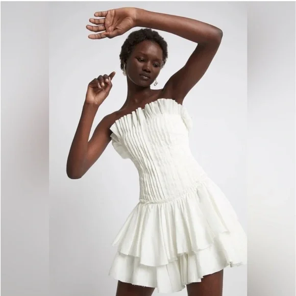 AJE Utopia Strapless Mini Dress with Drop and Waist Peplum Ruffles in White M - Picture 7 of 11